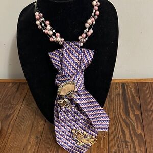 Purple and Gold Beaded Necklace with silk tie & Brooch